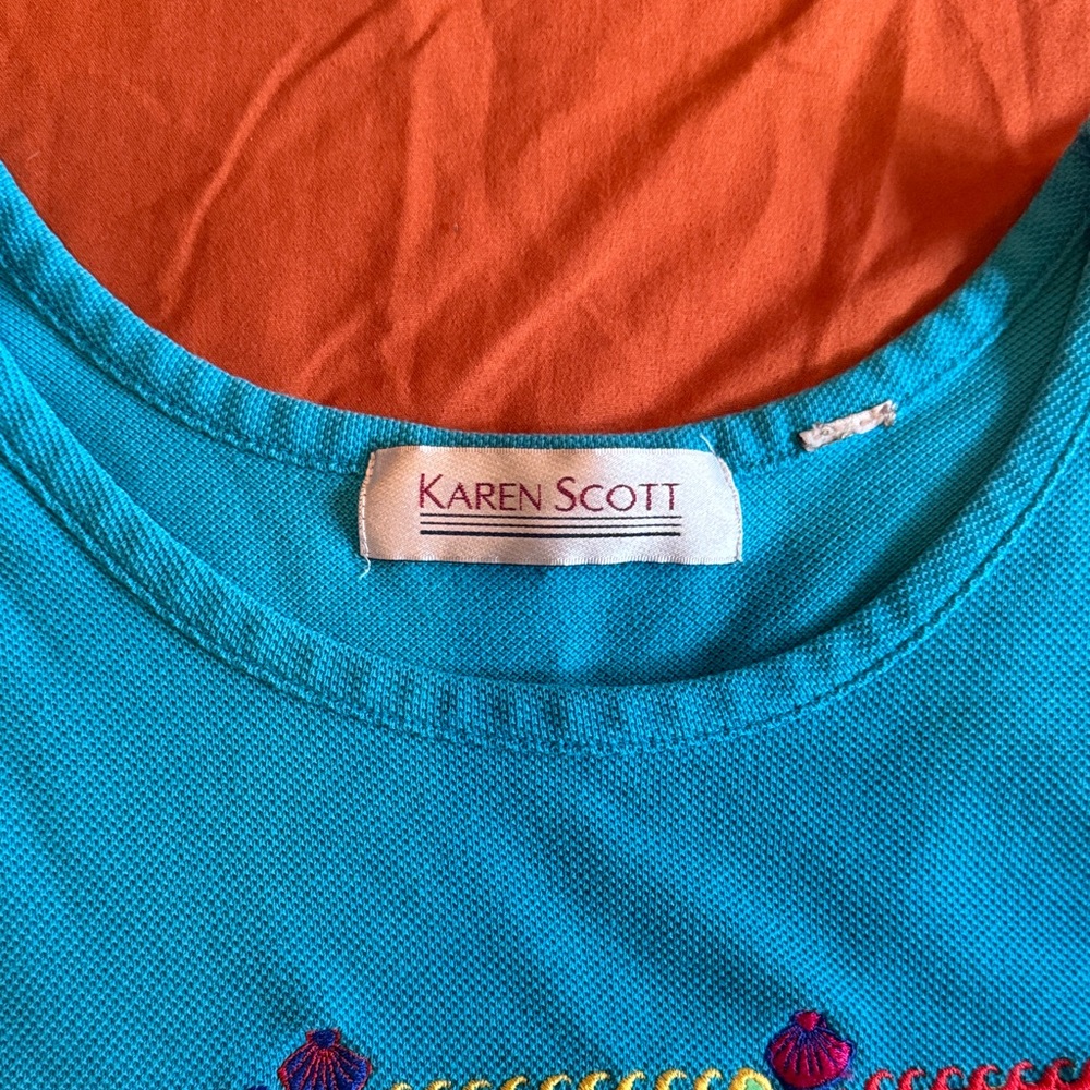 Karen Scott Bright Turquoise Tank with Colorful Fruit Embroidery - Picture 2 of 7